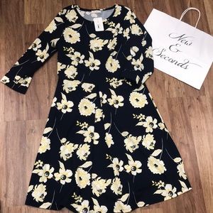 3/4 sleeve navy blue floral dress scoop neck
